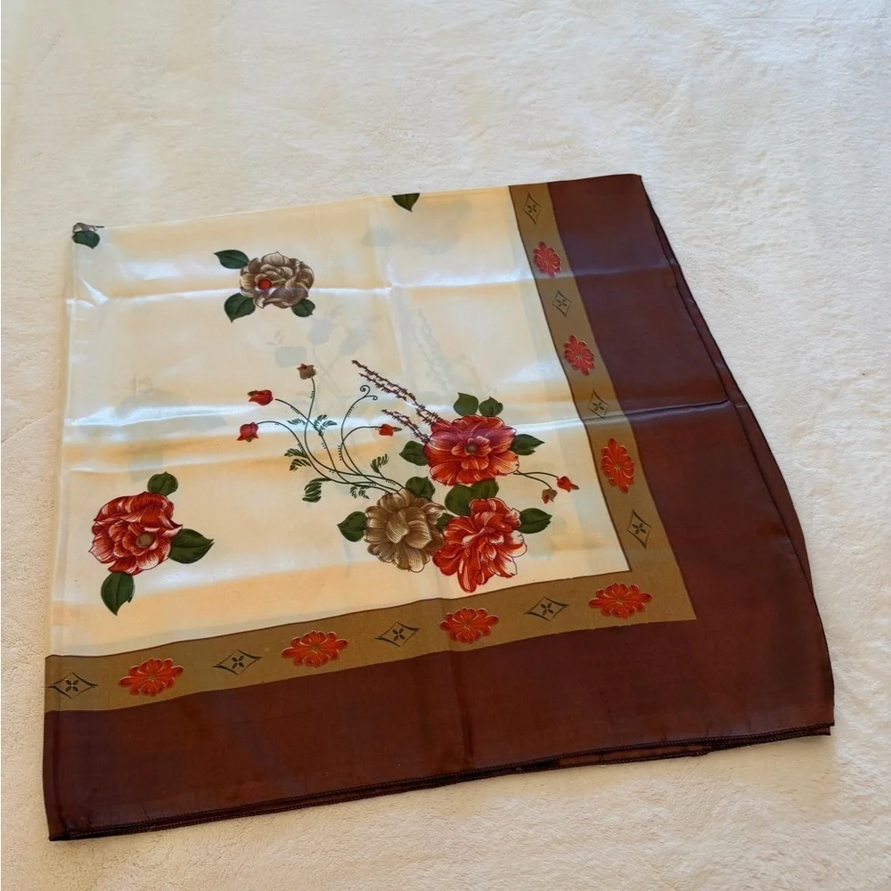 Large vintage 1960s Floral Square Scarf with Brown Border